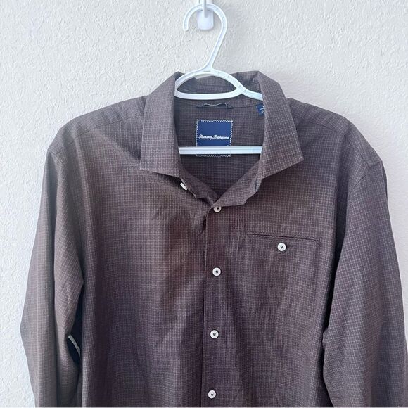 Tommy Bahama Mens Brown Print Size L Silk Cotton Blend Button Shirt Long Sleeve - Picture 3 of 6